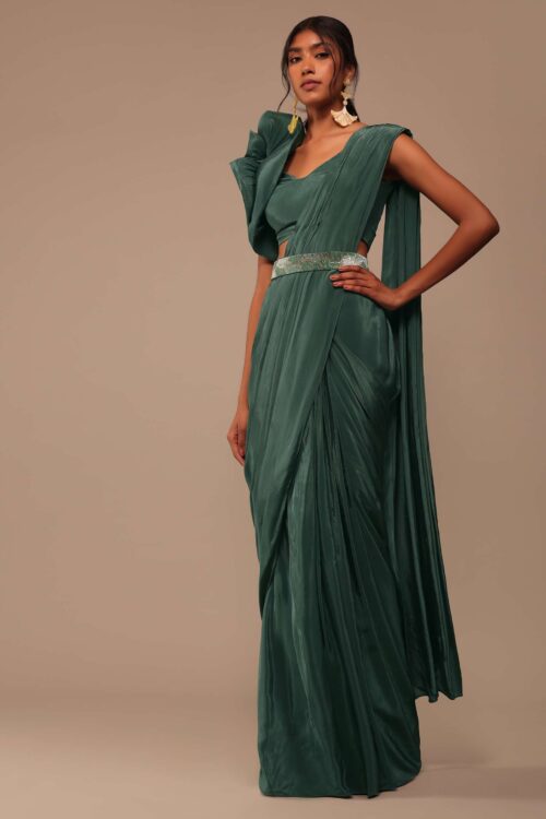 Jade Green Saree with Statement Floral Sleeve & Belt