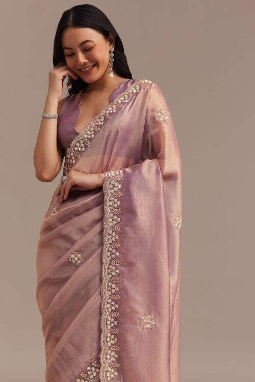 Lavender Tissue Saree Embroidered With Sequins And Cutdana
