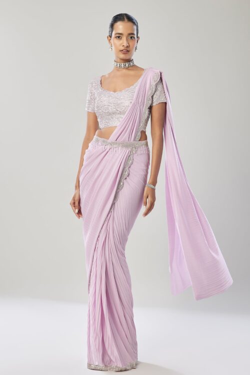 Lilac Ready Pleated Saree Styled with Belt