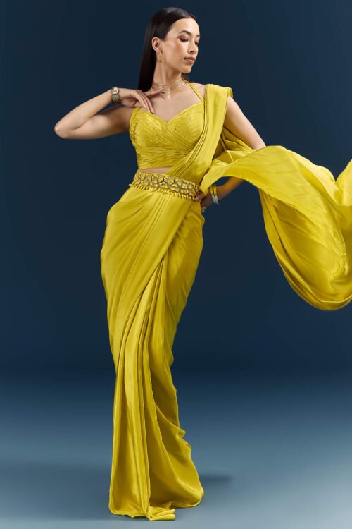 Lime Green Crepe Ready Pleated Saree with Heavy Embroidery