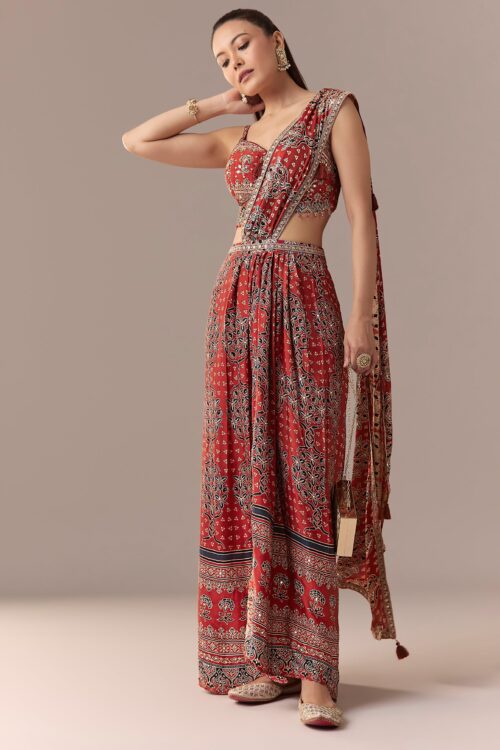 Maroon Ajrakh Pre Draped Saree with Mirror Work Blouse