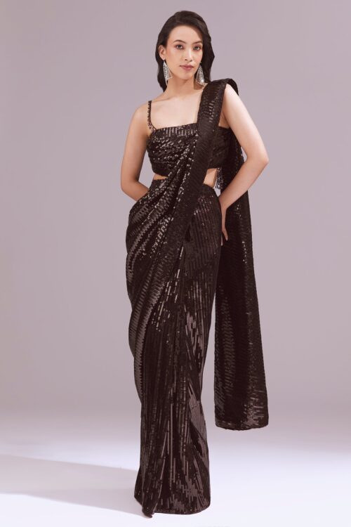 Maroon Ready Pleated Sequin Saree Ensemble