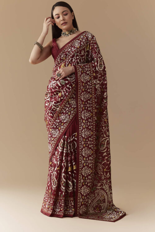 Maroon Tissue Organza Resham Work Saree with Unstitched Blouse