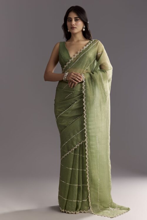 Mehendi Green Crushed Tissue Saree With Embroidered Scallop Border