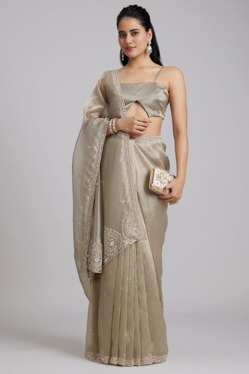 Metallic Grey Tissue Silk Saree With Minimal Butti Work And Heavy Pallu End Border