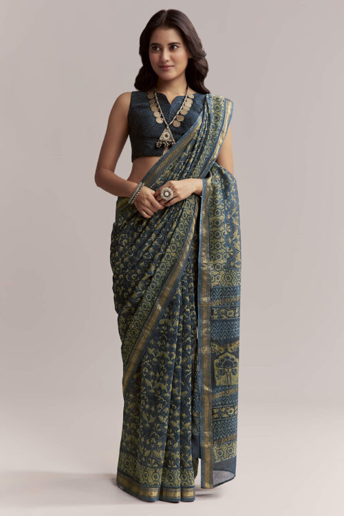 Midnight Blue Linen Printed Saree With Traditional Ajrakh Print