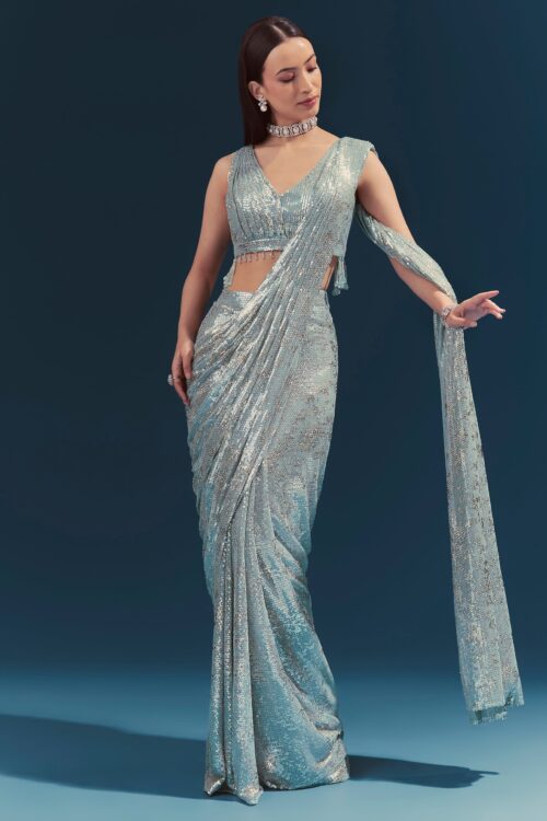 Mint Blue Ready Pleated Saree Co-ord Set