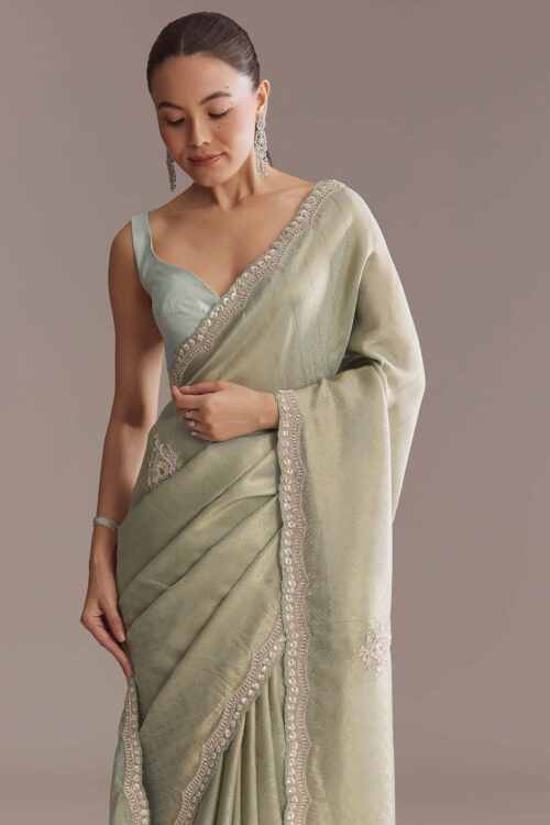 Mint Green Jacquard Saree With Cutdana And Sequin Embroidery