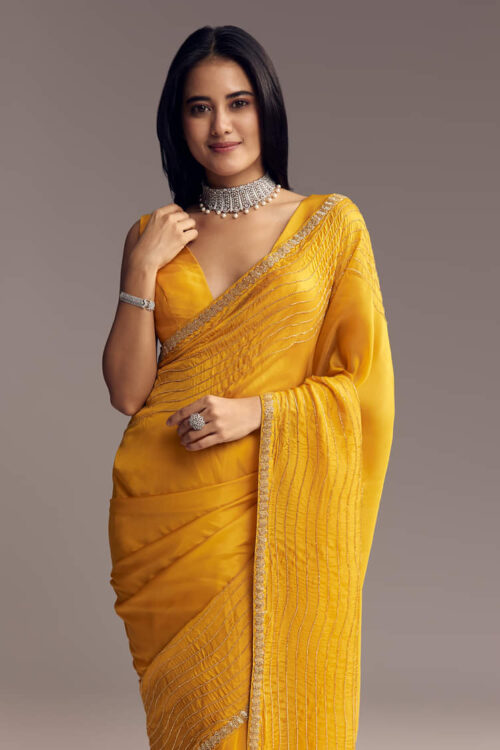 Mustard Yellow Organza Saree With Scallop Border And Stone Work