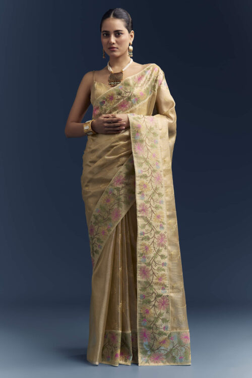 Mustard Yellow Tissue Silk Saree With Floral Resham Embroidery