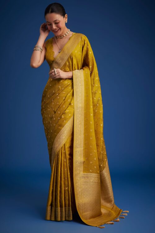 Mustard Yellow Dola Silk Saree With Woven Patterns