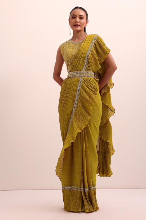 Mustard Yellow Georgette Pre Stitched Frill Saree with Embellished Blouse