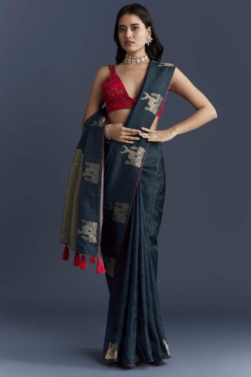 Navy Blue Jacquard Woven Saree With Intricate Zari Embroidery