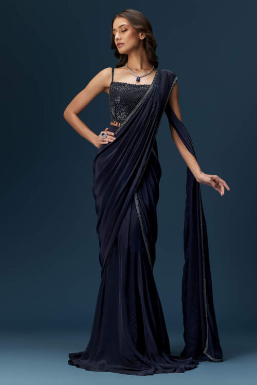 Navy Blue Pre Draped Saree with Embroidered Blouse