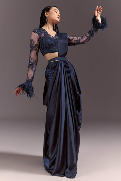 Navy Blue Satin Pleated Saree with Full Sleeve V Neck Blouse