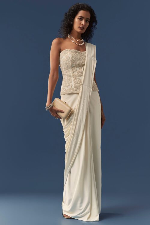 Off White Pre Draped Saree with Corset Blouse