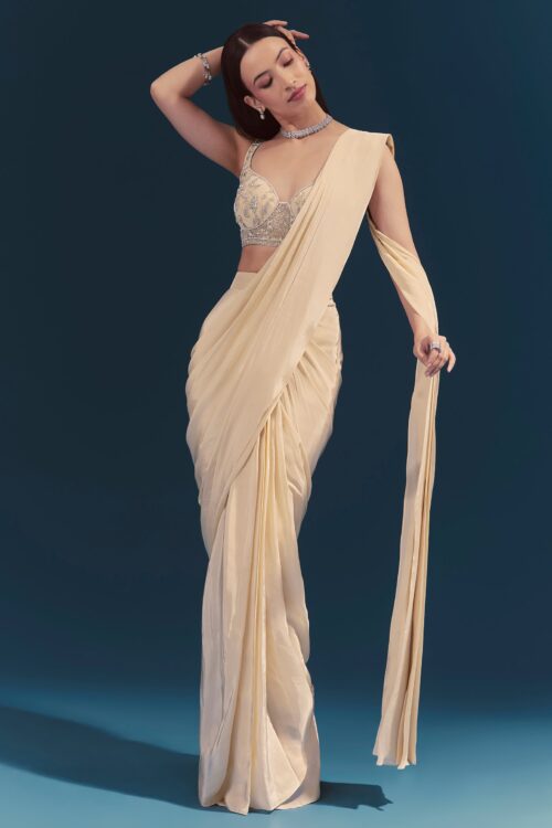 Off White Ready Pleated Saree Co-ord Set
