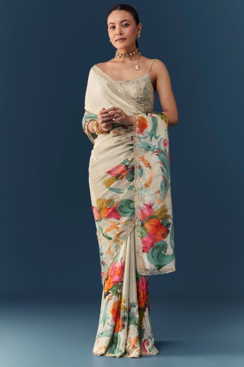 Off White Silk Printed Saree with Blouse Fabric