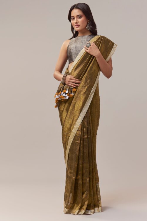 Olive Gold Silk Linen Saree With Beige Gold Border And Handcrafted Tassels