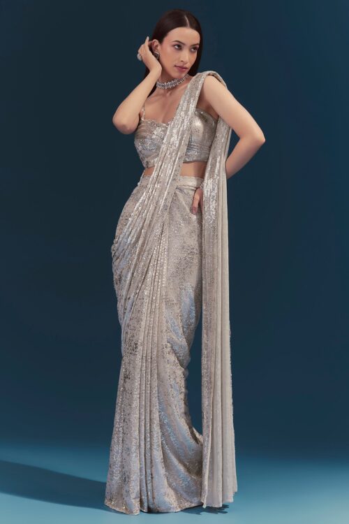 Oyster Ready Pleated Saree with Sweetheart Neckline