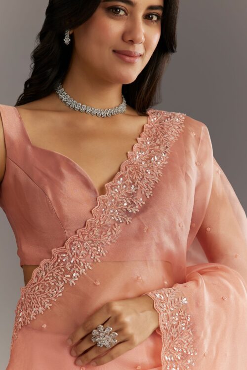 Peach Embroidered Organza Saree With Cutwork Scallop Border
