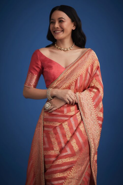 Peach Dola Silk Saree With Zari Work And Gota Patti Border