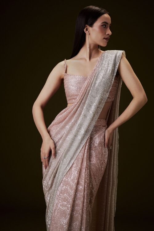 Peach Ombre Pre Draped Saree with Off Shoulder Boat Neck Blouse