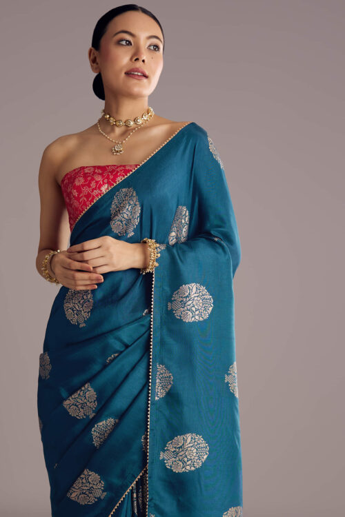 Peacock Blue Dola Silk Brocade Saree With Gotapatti Border