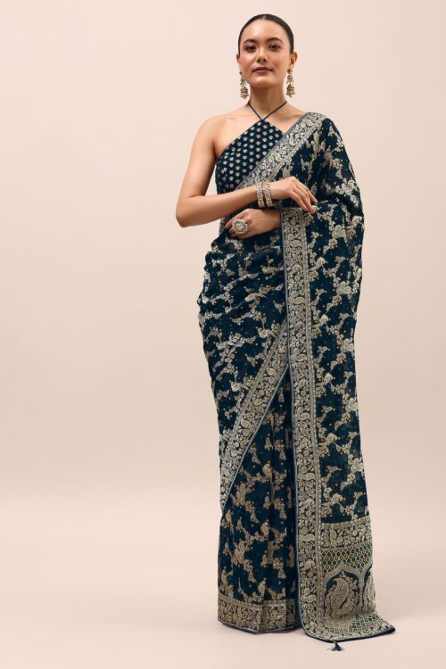 Peacock Blue Saree In Zari Jaal With Unstitched Blouse