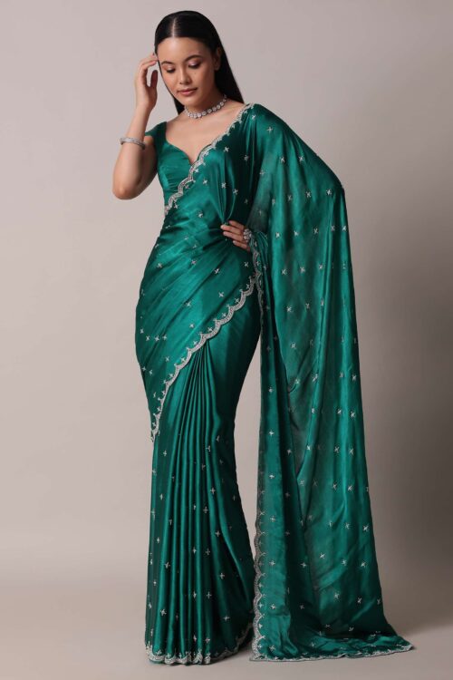 Peacock Green Saree In Satin Chinon With Scallop Border And Unstitched Blouse Piece