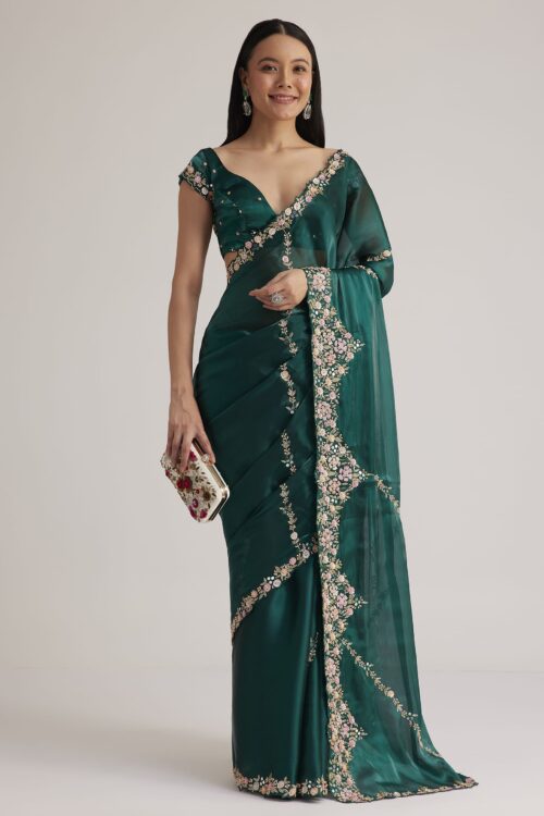 Peacock Green Tissue Saree With Floral Embroidered Border