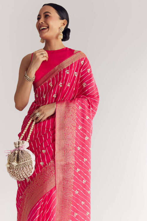 Pink Leheriya Printed Saree With Floral Embroidery