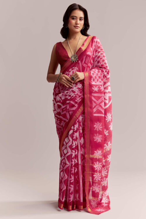 Pink Linen Printed Saree With Authentic Shibori Print