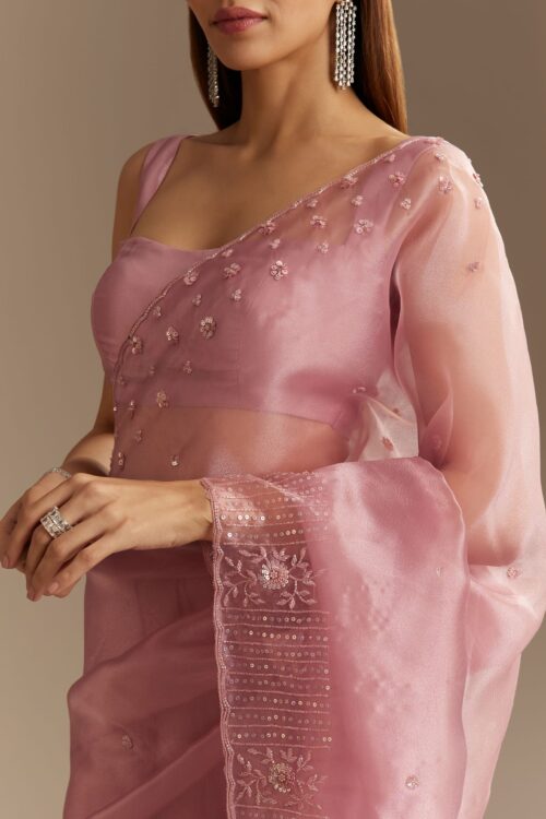 Pink Organza Sequins Saree With Scallop Border