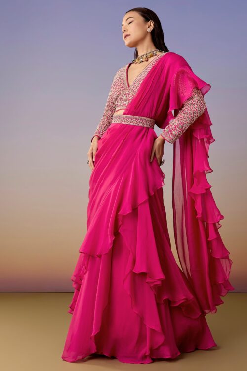 Pink Pre Draped Saree Set with Statement Belt