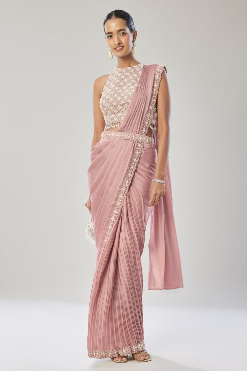 Pink Ready Pleated Saree Accented with Belt