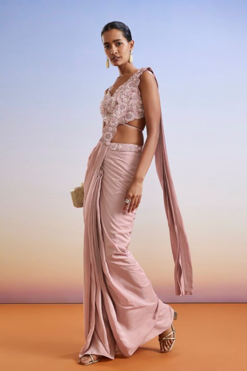 Pink Sequin Embroidered Ready Pleated Saree with Blouse