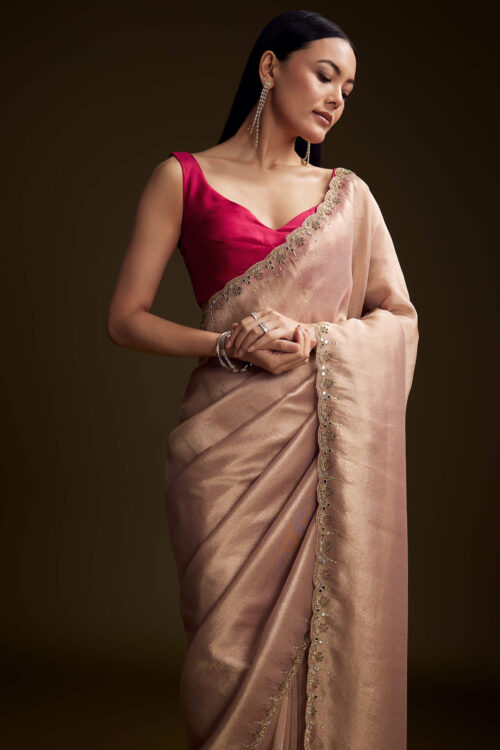 Pink Tissue Saree With Cutdana And Mirror Embroidery