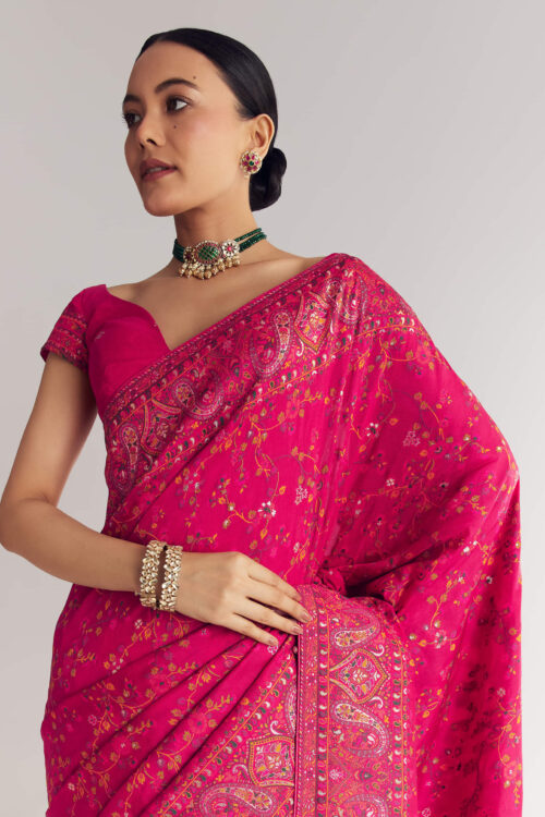 Pink Traditional Floral And Jaal Woven Saree