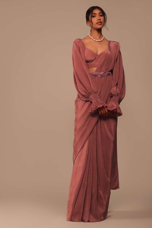 Pink Pre Stitched Saree with Lantern Sleeve Blouse & Handworked Belt