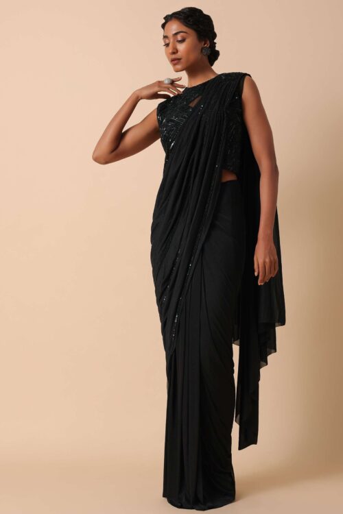 Black Pre Stitched Saree with Cut Dana Embellishment