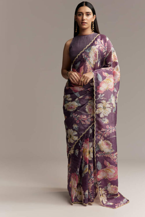 Purple crush tissue saree with floral digital print and embroidered scalloped border