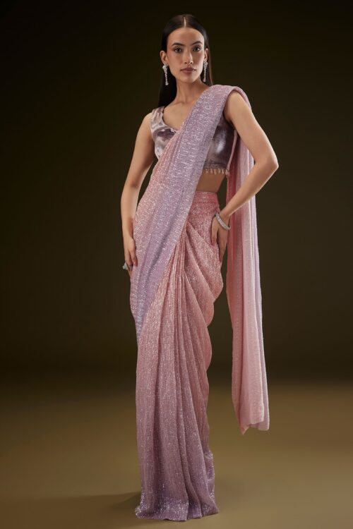 Purple Ombre Ready Draped Sequin Saree with Designer Blouse
