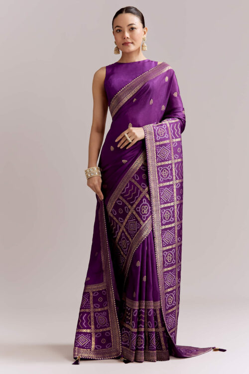Purple Silk Woven Bandhani Saree With Zari Borders