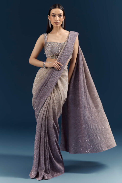 Purple Ready Pleated Saree with Sequin & Stone Detailing