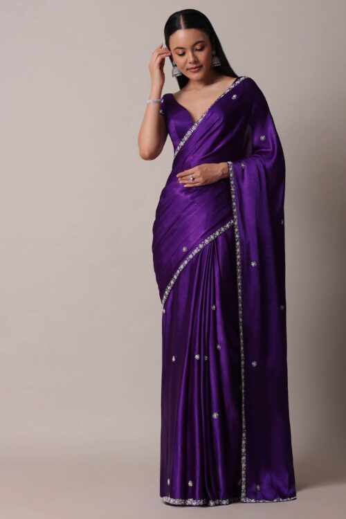 Purple Satin Chinon Saree With Stone Embellishments And Unstitched Blouse Piece
