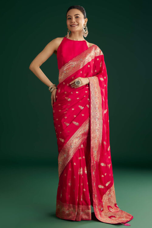 Rani Pink Dola Silk Saree With Zari And Stone Embellishments