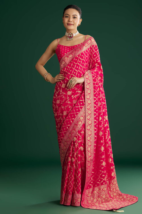 Rani Pink Woven Saree With Jaal Work And Floral Border