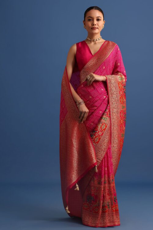 Rani Pink Banarasi Bandhani Satin Saree With Brocade Motifs On Border