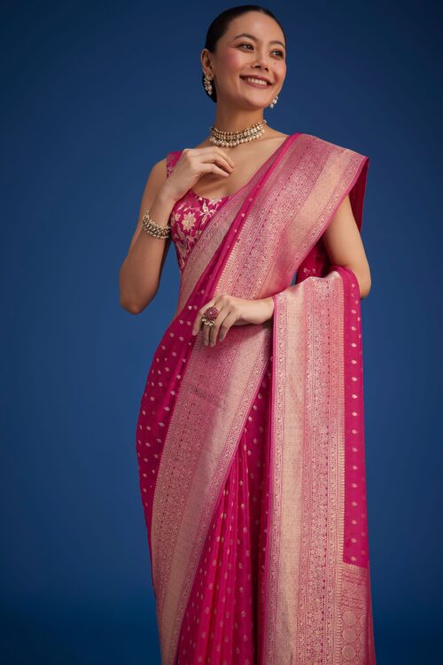 Rani Pink Tissue Silk Saree With Zari Border And Butti Work